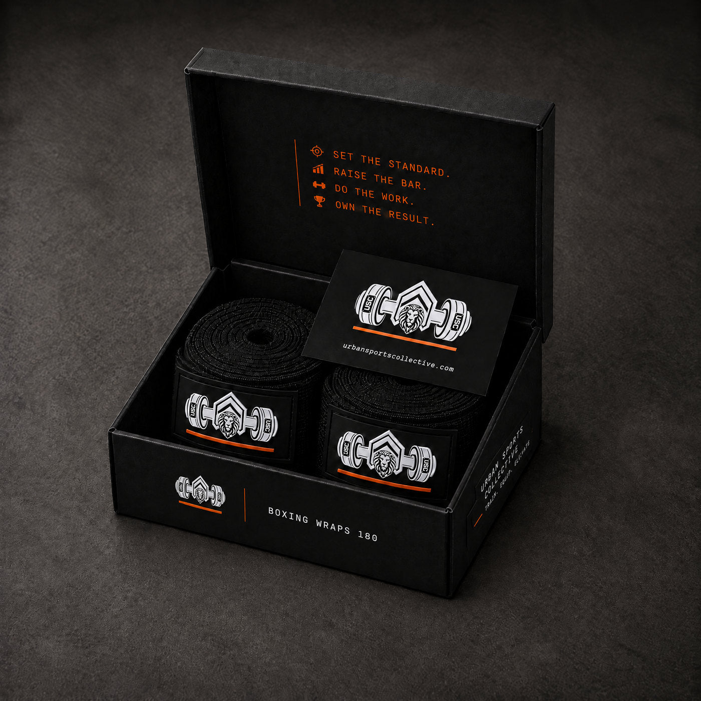 Open boxing-wrap box with the pair and instruction card inside