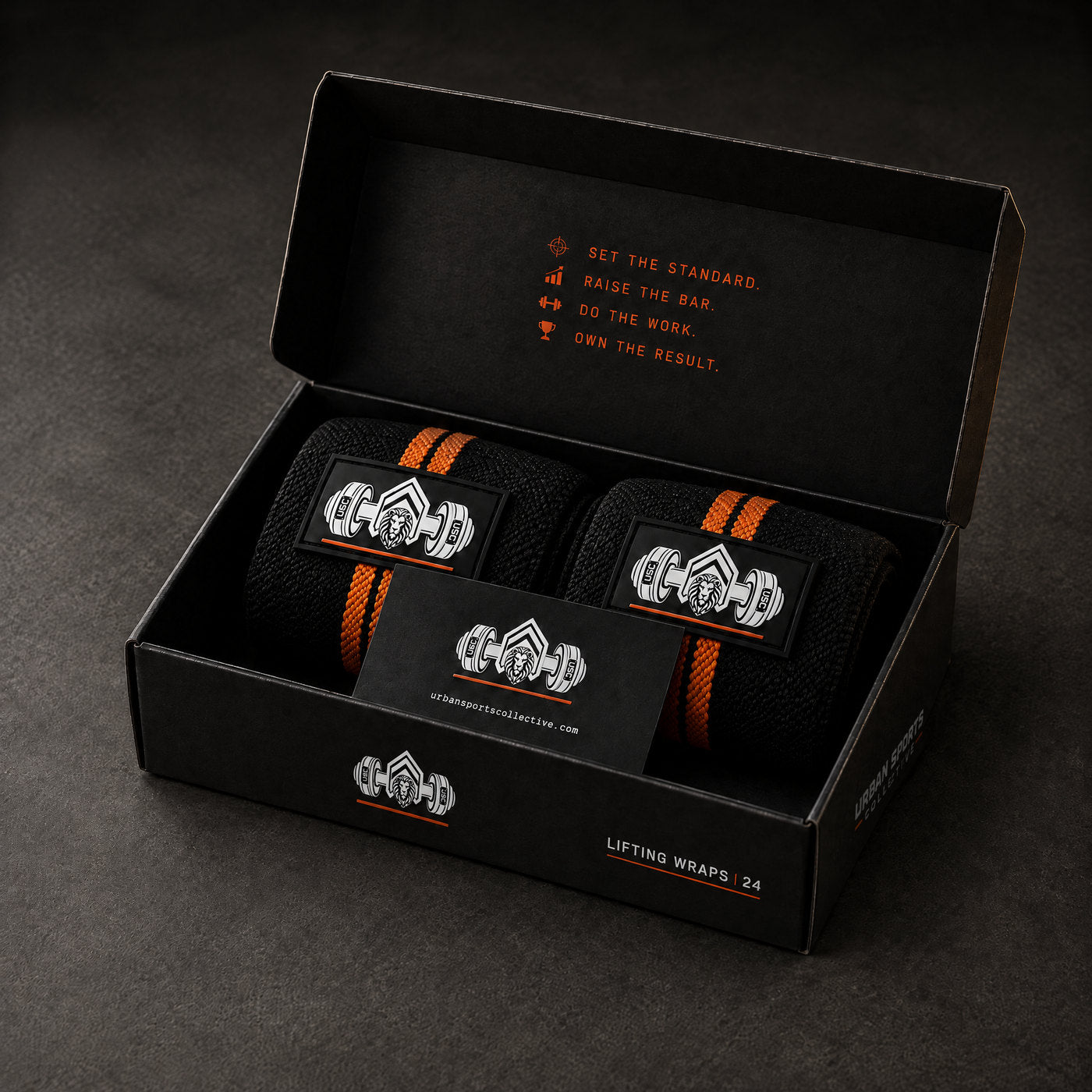 Open lifting-wrap box with the pair and instruction card inside