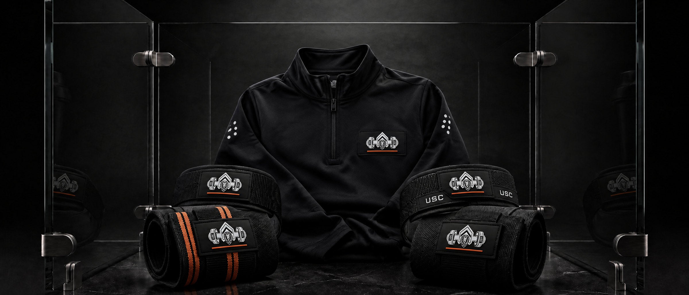 USC black quarter zip with lifting wraps, boxing wraps and lifting straps